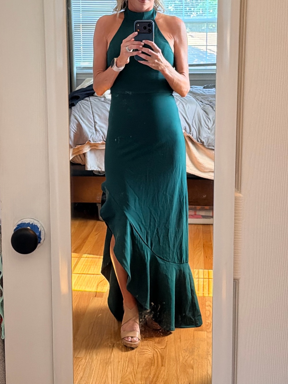 Lulus Majestic Perfection Emerald Green Ruffled Halter Maxi Dress Small